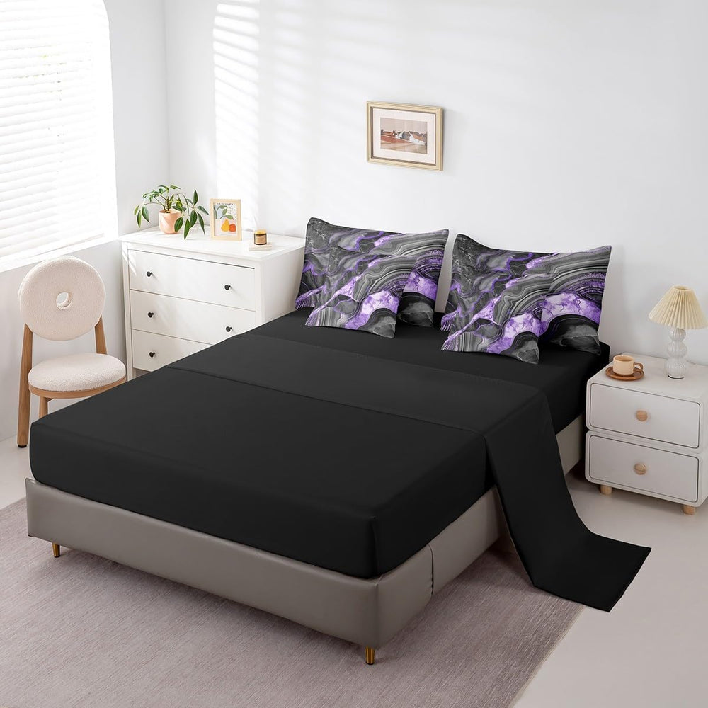 Erosebridal Black Grey Marble 7 Pcs Comforter Set, Purple Marbling Queen