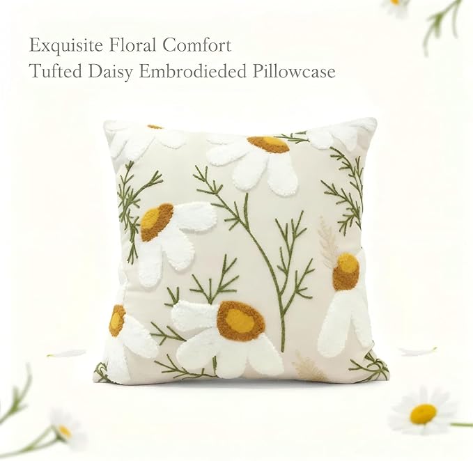 18x18 Embroidered Throw Pillow Cover – White Daisy Cotton Decorative Cushion - Image 5