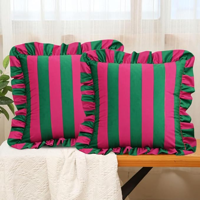 vctops Ruffle Square Throw Pillow Covers Boho Pink and Green Striped Decorative by vctops
