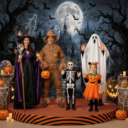 Halloween Graveyard Castle Backdrop 10x8ft, Spooky Ghost Pumpkin Gothic Haunted House Photography Background, Full Moon Night Bat Scarecrow Banner, Horror Halloween Party Decor Photo Booth Props