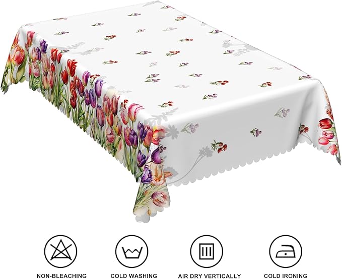 54x86inches Floral Tablecloth Red Purple Tulip Flowers Blooming Rectangle Table - Image 6