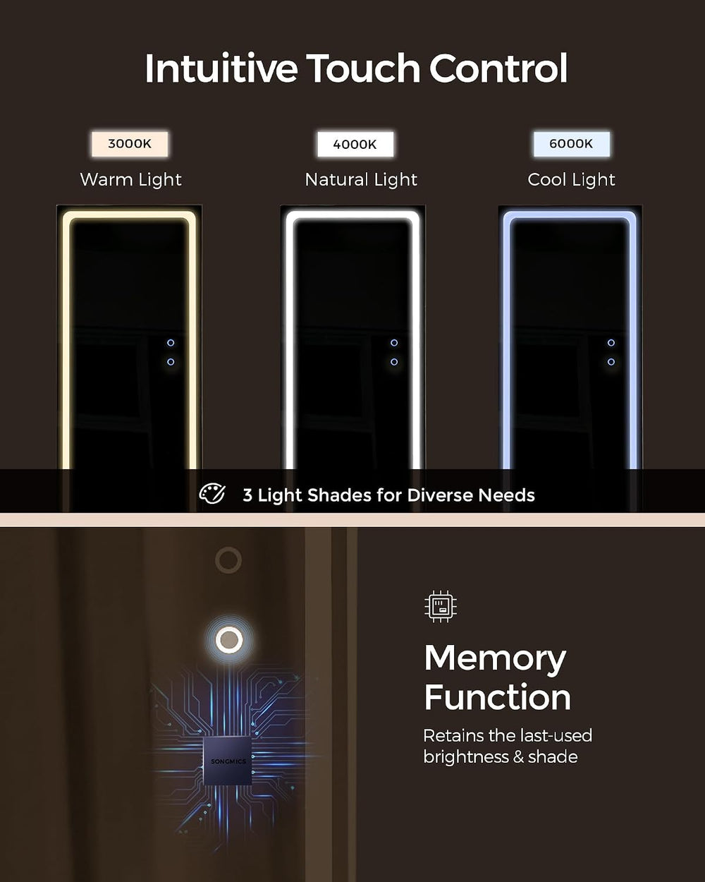 SONGMICS LED Mirror Jewelry Cabinet Standing, Adjustable Lights, Lockable