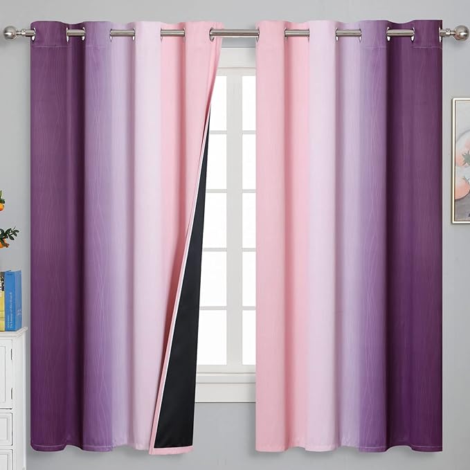 Pink and Purple Curtains 63 Inch Length 2 panels, Full Light Blocking Ombre by ESTELARTEXTILER