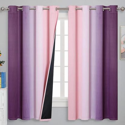Pink and Purple Curtains 63 Inch Length 2 panels, Full Light Blocking Ombre by ESTELARTEXTILER