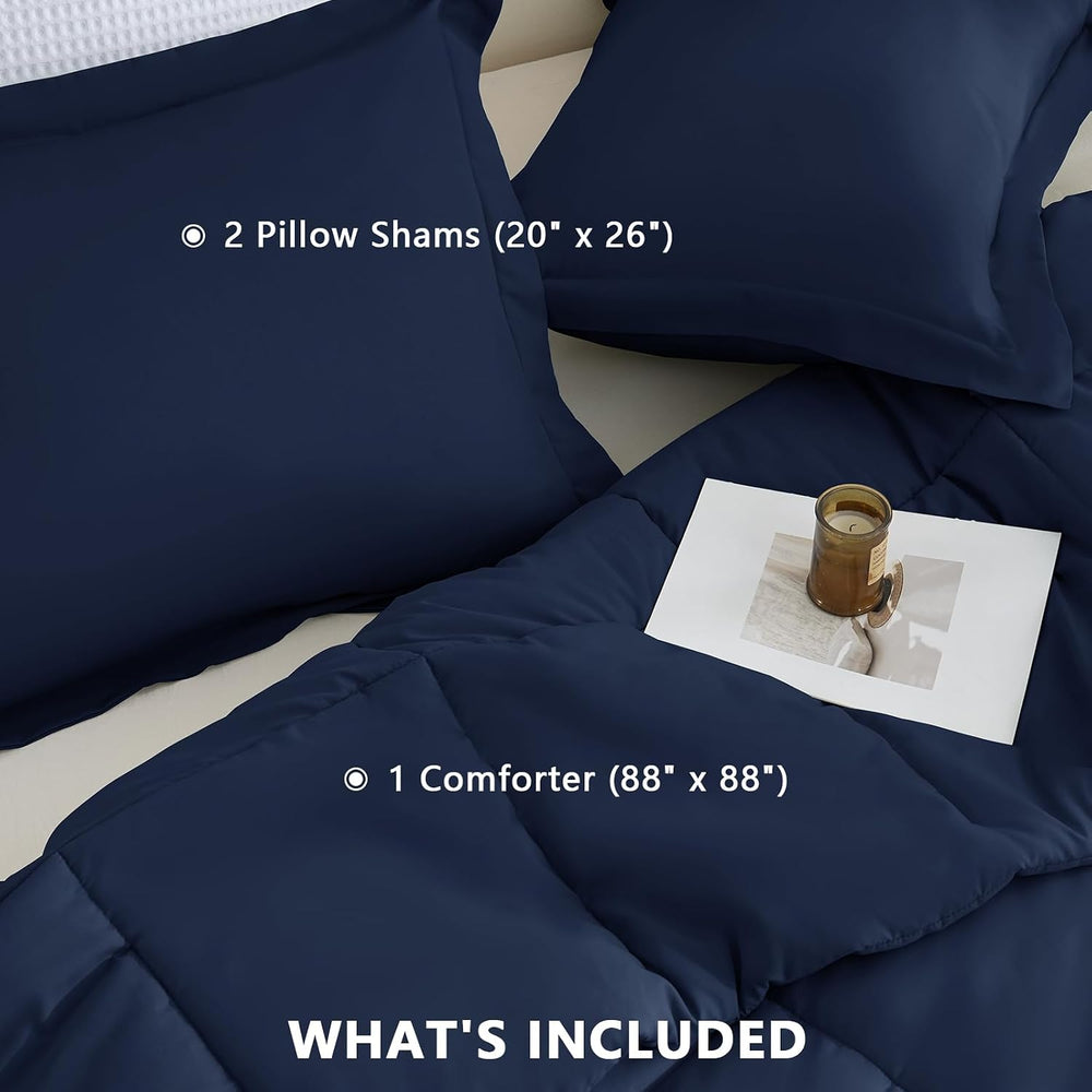 CozyLux Queen Size Comforter Set, 3-Piece Box-Stitched, Navy Blue