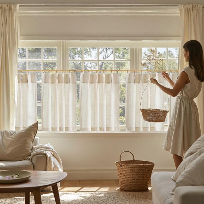 jinchan Linen Pinch Pleated Kitchen Curtains 24 Inch 2 Panels Natural Linen - Image 3