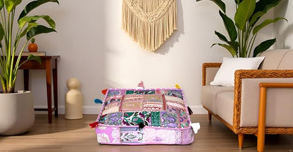 CRAFT KALA Indian Square Patchwork Traditional Pouf Cover Indian Living Room - Image 4