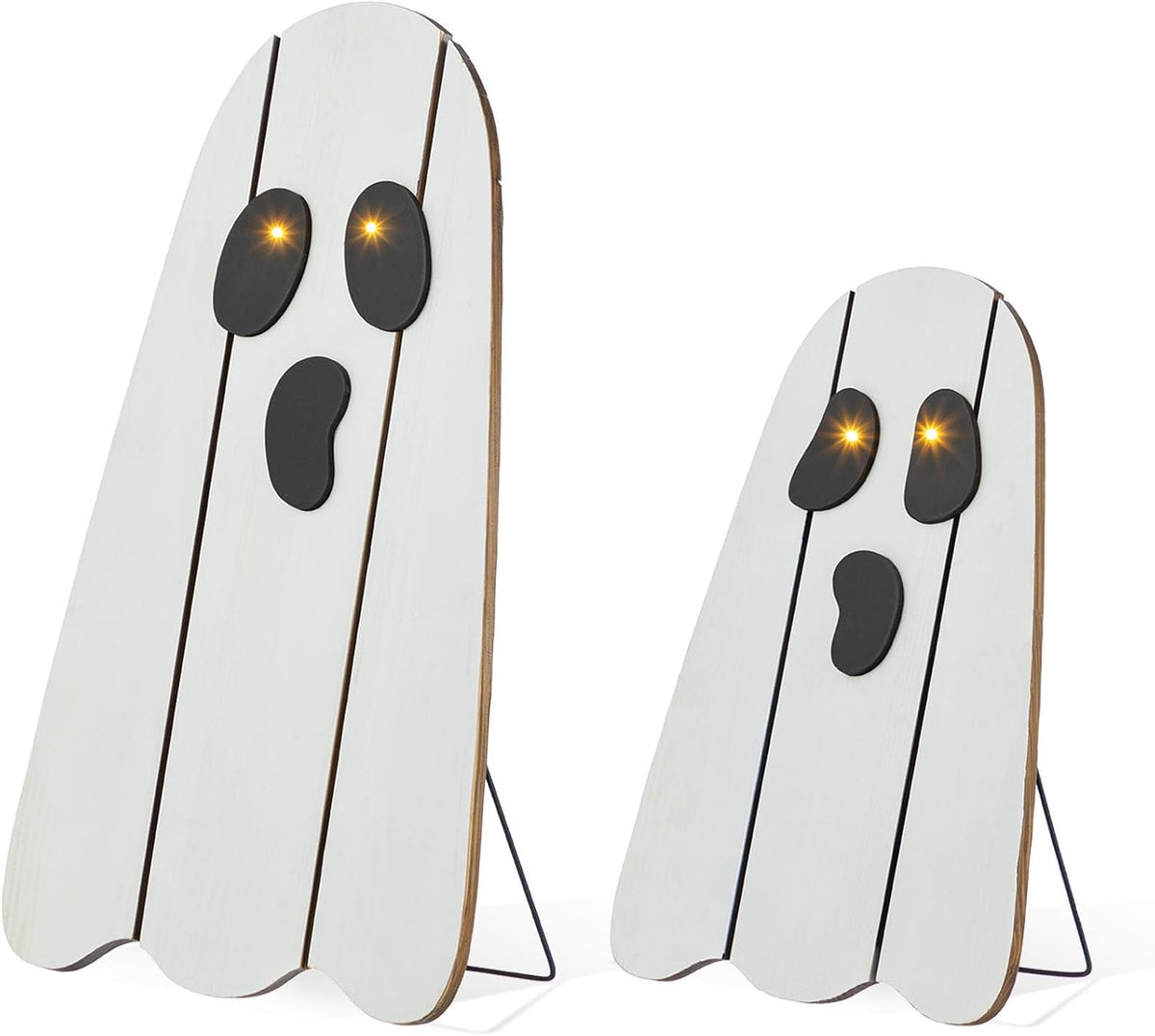Glitzhome Set of 2 Halloween Lighted Wood Ghost Porch Decor - 24" H & 18" H Handcrafted Solid Wood Ghost Signs with Metal Display Stand for Farmhouse, Front Door Outdoor Yard Halloween Decorations