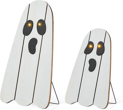 Glitzhome Set of 2 Halloween Lighted Wood Ghost Porch Decor - 24" H & 18" H Handcrafted Solid Wood Ghost Signs with Metal Display Stand for Farmhouse, Front Door Outdoor Yard Halloween Decorations