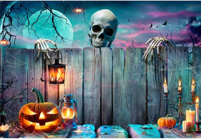 Renaiss 10x8ft Halloween Backdrop Skeleton Pumpkin Lantern Wooden Spooky Night Party Photography Background Ghost Wood Wall Halloween Party Decor Banner Horror Skull Halloween Photo Booth Props