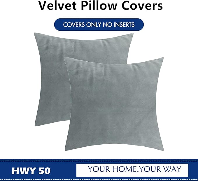 HWY 50 Gray Grey Velvet Throw Pillow Covers 22x22 Inch - Image 6