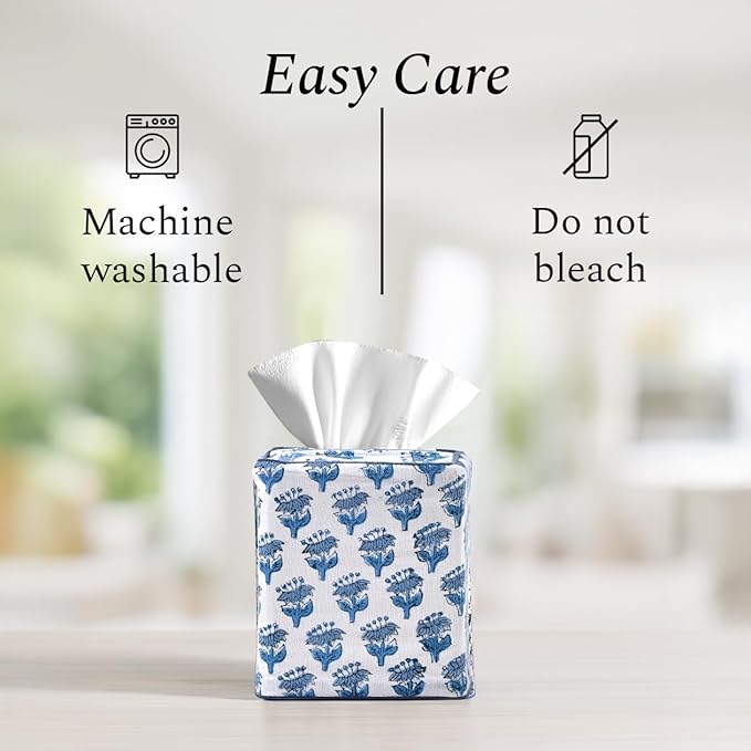 CPC Apatite Blue Hand Block Printed Cotton Tissue Box Cover 5" x 5" x 5.5" - Image 9