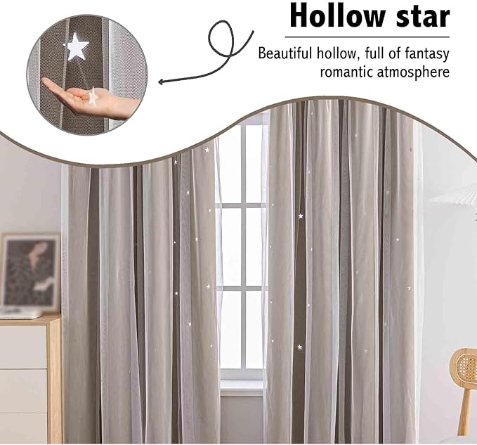 Anytime Romantic Kids Curtain, Hollow-Out Stars Window Curtain Double Layer - Image 6