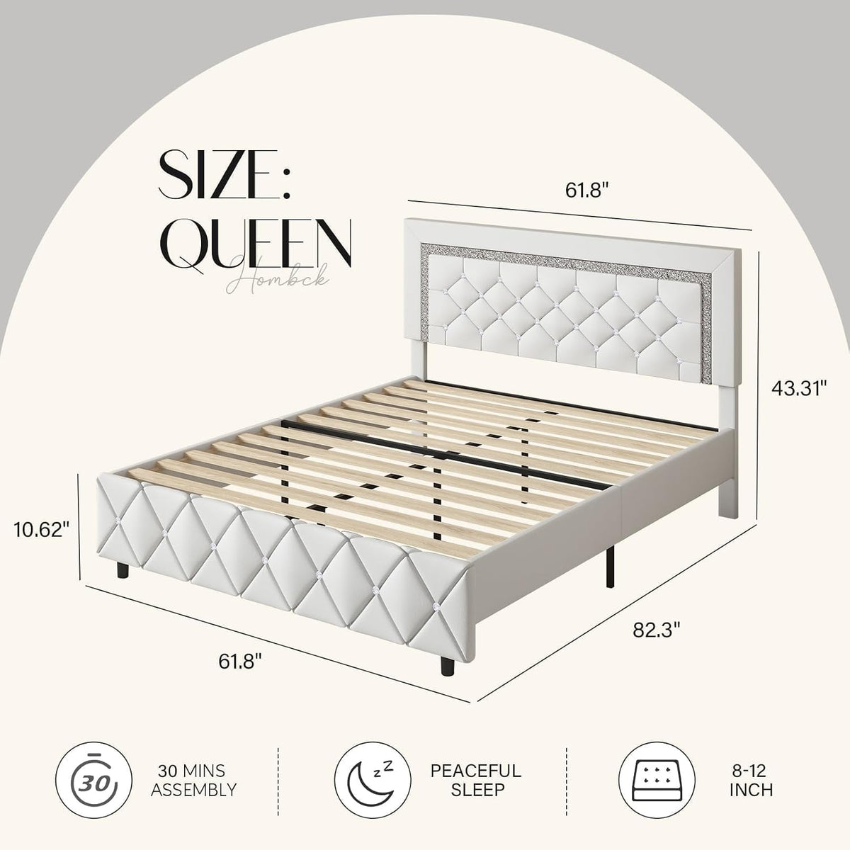 hombck queen bed frame with headboard, diamond tufted shown in use