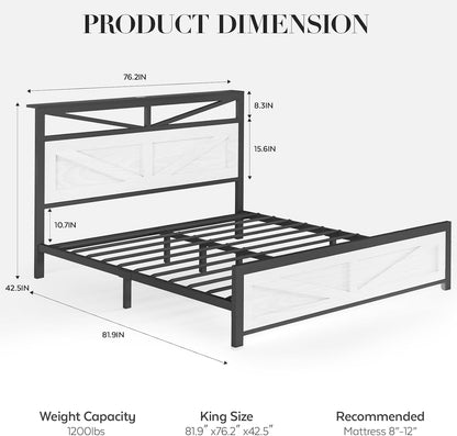 rustic king bed frame with barn door headboard shown in use