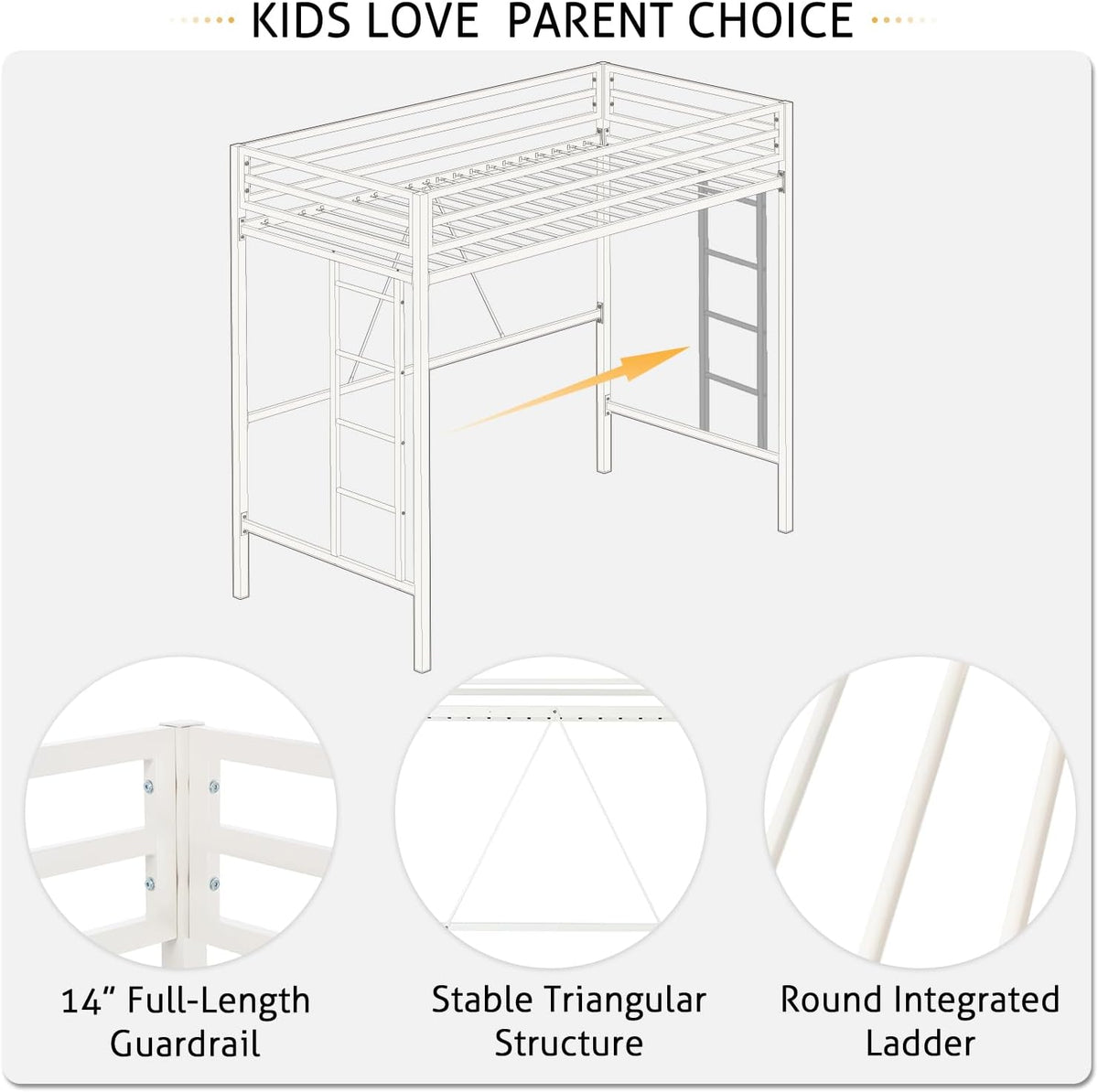 sha cerlin loft bed twin size with ladder showing dimensions
