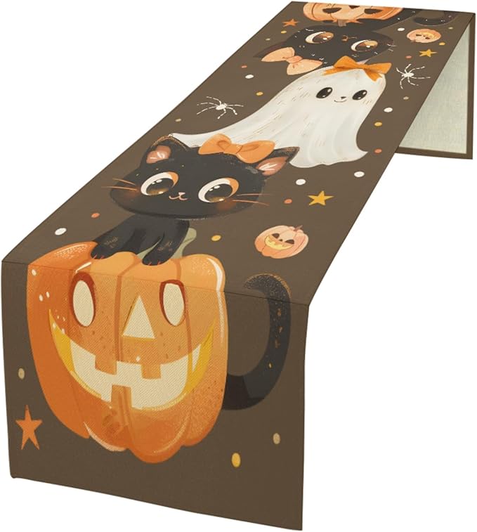 Halloween Table Runner, Pumpkin Linen Table Runner, Kitchen Dining Coffee Table - Image 2