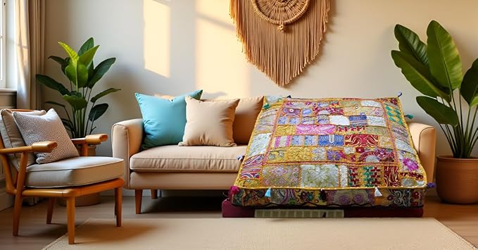 CRAFT KALA Indian Square Patchwork Traditional Pouf Cover Indian Living Room - Image 6