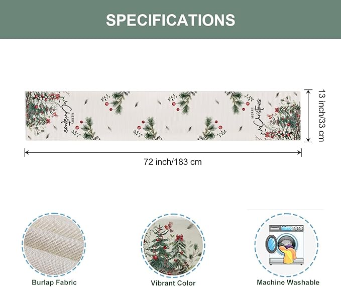 Christmas Trees Cardinal Table Runner 13x72 Inch Merry Christmas Red Bird Cedar - Image 6