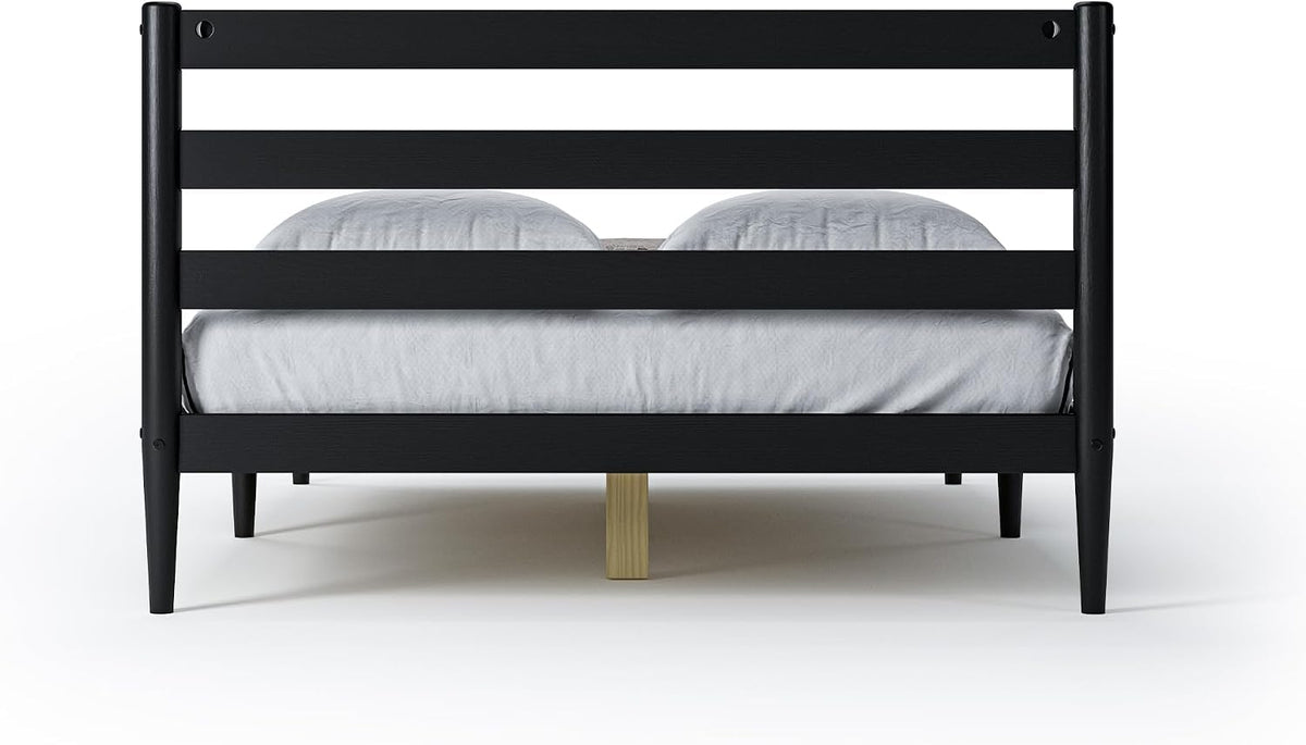 camaflexi mid-century modern platform bed/solid wood/slat headboard/mattress foundation showing dimensions