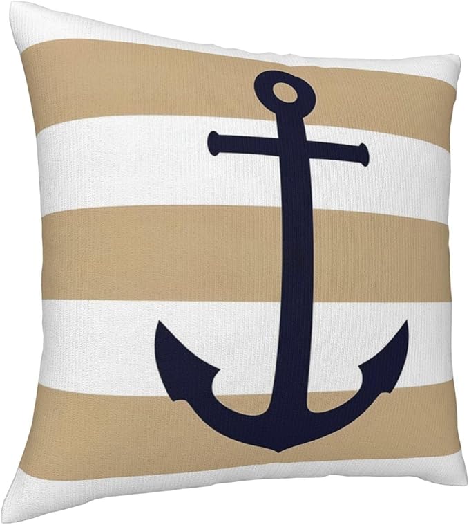 Myshe Square Nautical Navy Blue Anchor On Tropical Tan Stripes Throw Pillow - Image 2