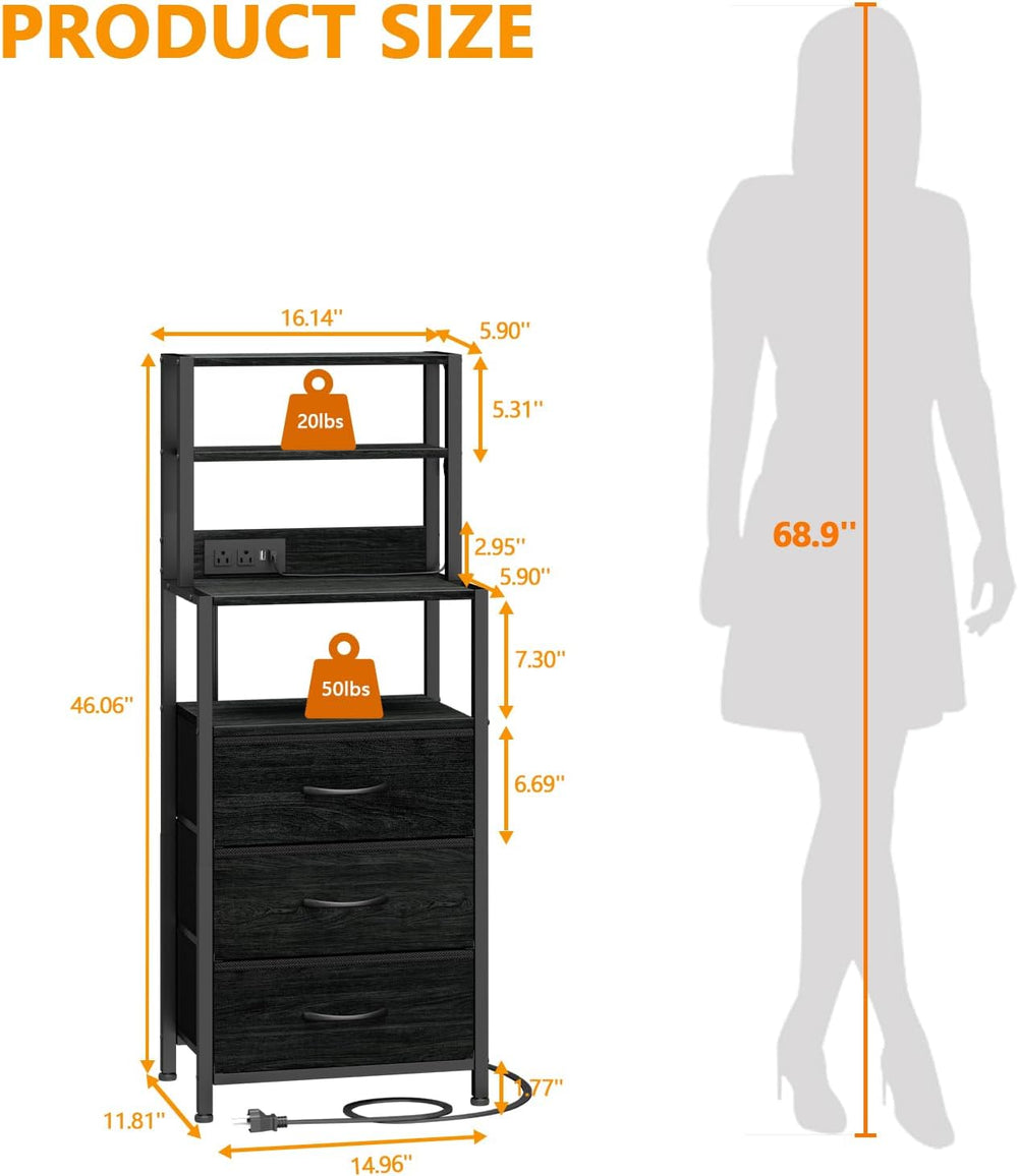 Furnulem Night Stand, Tall Nightstand with Charging Station for Bedroom