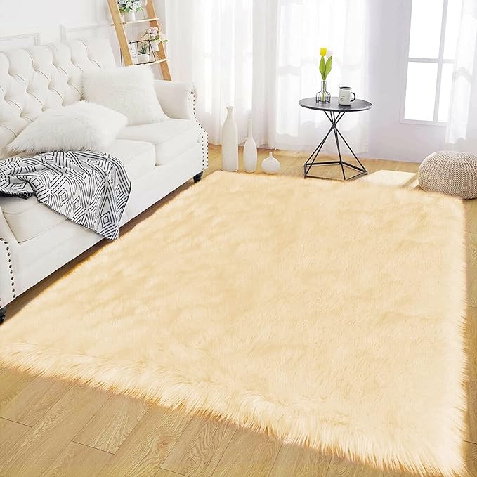 Latepis Yellow Shaggy Rug Bedroom Rugs 4x6 Area Rug Washable Faux Sheepskin Fur by Latepis
