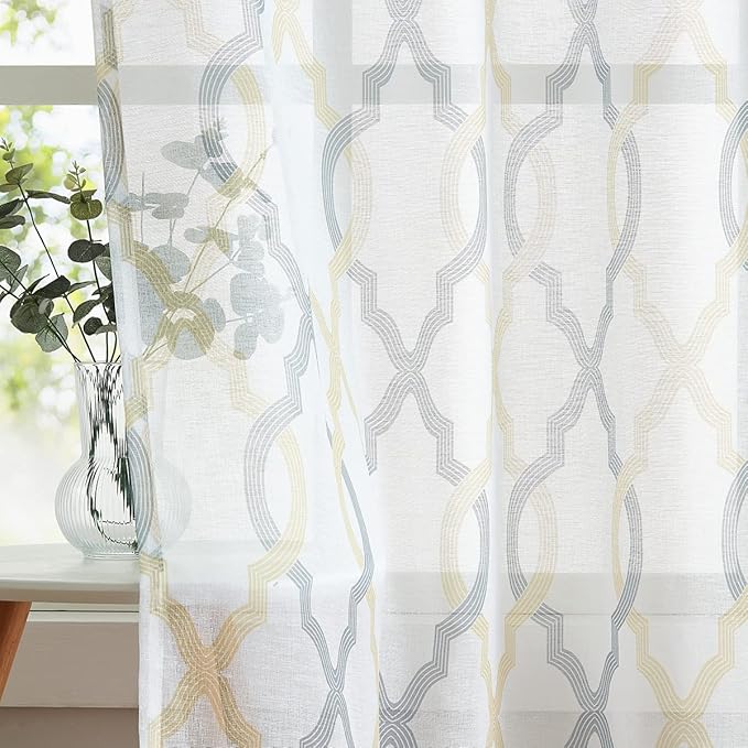 Gold Yellow Grey Moroccan Semi Sheer Curtains 54 Inches Long 52''W, Light - Image 3