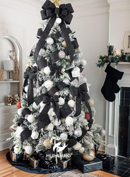 HUIHUANG Black Glitter Wired Ribbon 4 inch Black Christmas Tree Ribbon Diamond - Image 5
