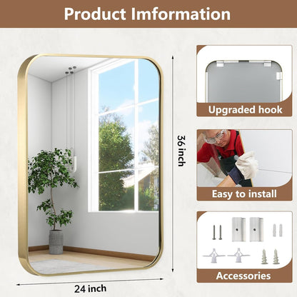 24x36 inch gold bathroom mirror, brushed brass gold showing dimensions
