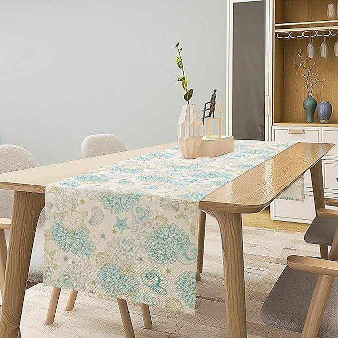 Ocean Coastal Table Runner, Nautical Summer Beach Coral Sea Turtle Table Runner - Image 3
