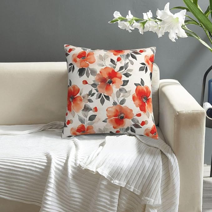 Fall Burnt Orange Floral Throw Pillow Covers 18x18 Inch Set of 2, Modern - Image 3