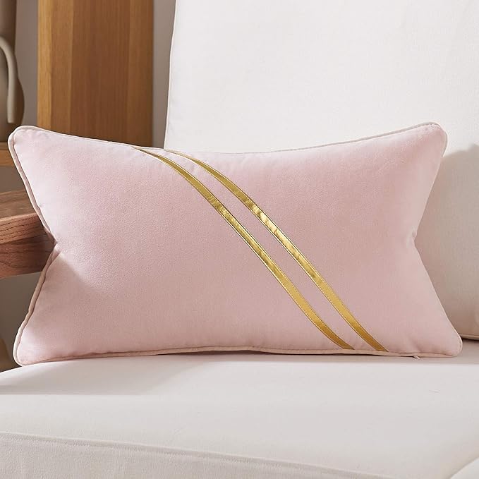 Avigers 12 x 20 Inch Pink Gold Leather Striped Lines Velvet Cushion Case Luxury by Avigers