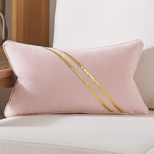 Avigers 12 x 20 Inch Pink Gold Leather Striped Lines Velvet Cushion Case Luxury by Avigers