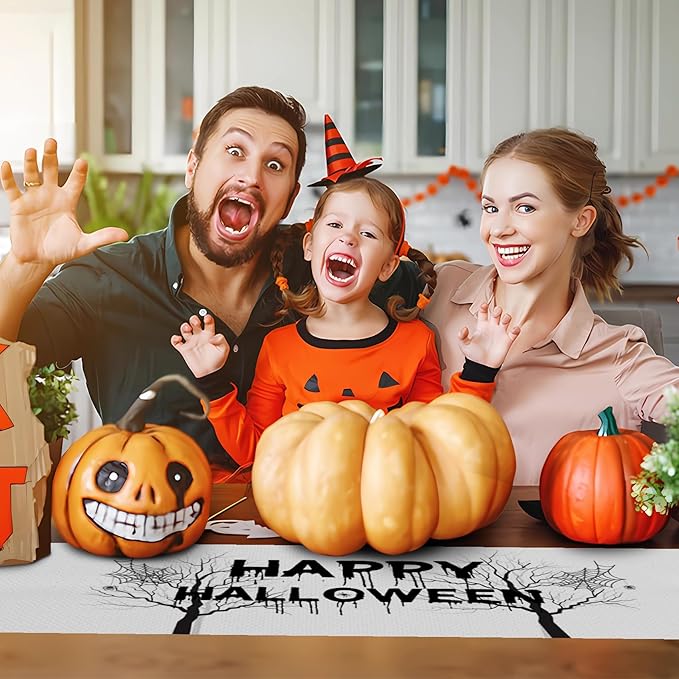 Happy Halloween Table Runner Spooky Forest Ghost Witch Spider Web Bats Pumpkin - Image 4