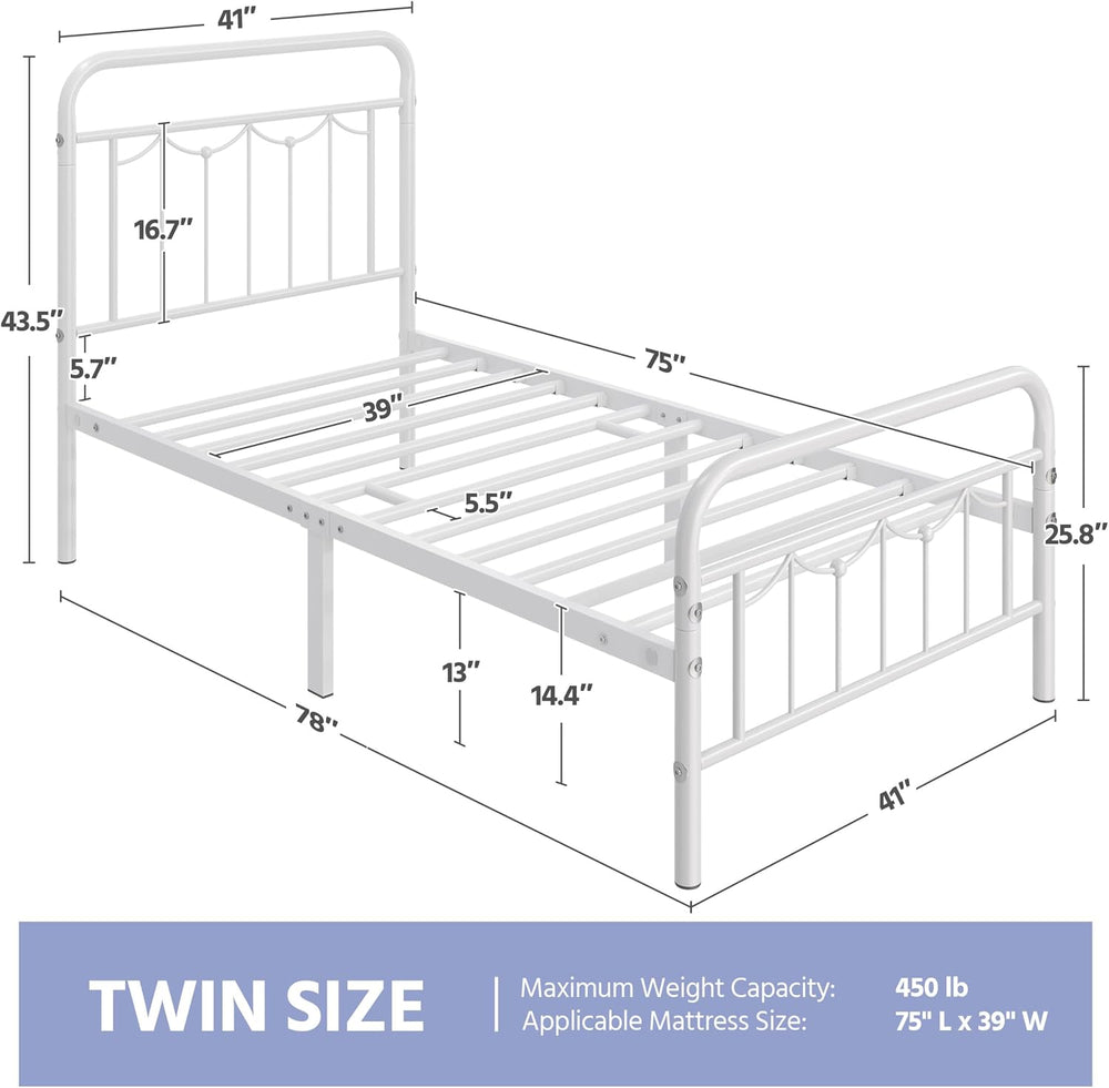 Yaheetech Twin Metal Bed Frame with Vintage Spindle Headboard White