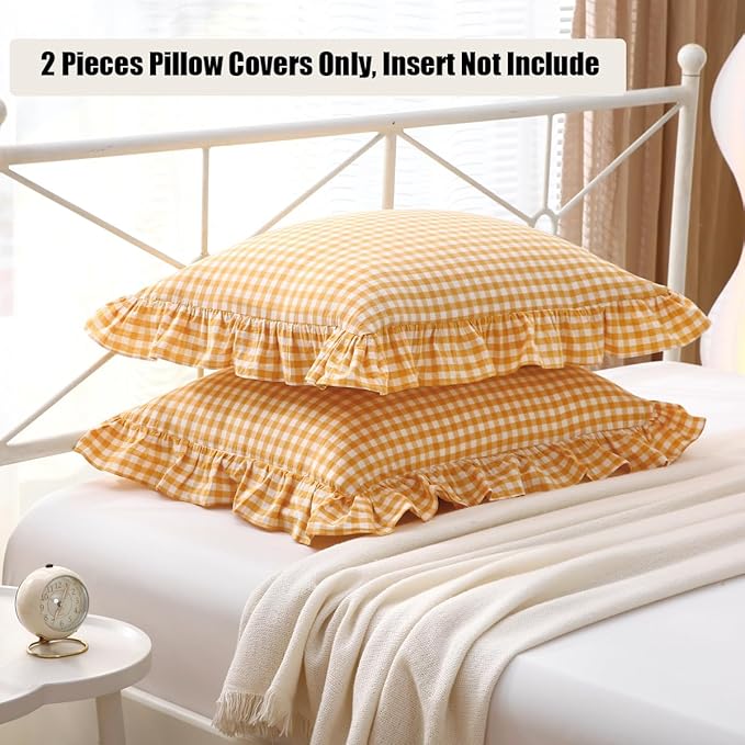 Yellow/White Plaid Ruffle Pillow Shams King Size Set of 2, Checkered Washed - Image 6