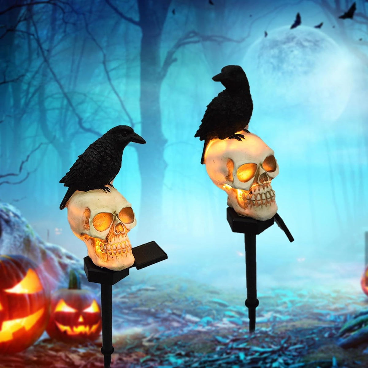 Halloween Solar Pathway Lights - Solar Halloween Skull Stake Lights Decorations Outdoor - 2PCS Waterproof Resin Skeleton Crows Decor for Outside Yard Garden Lawn