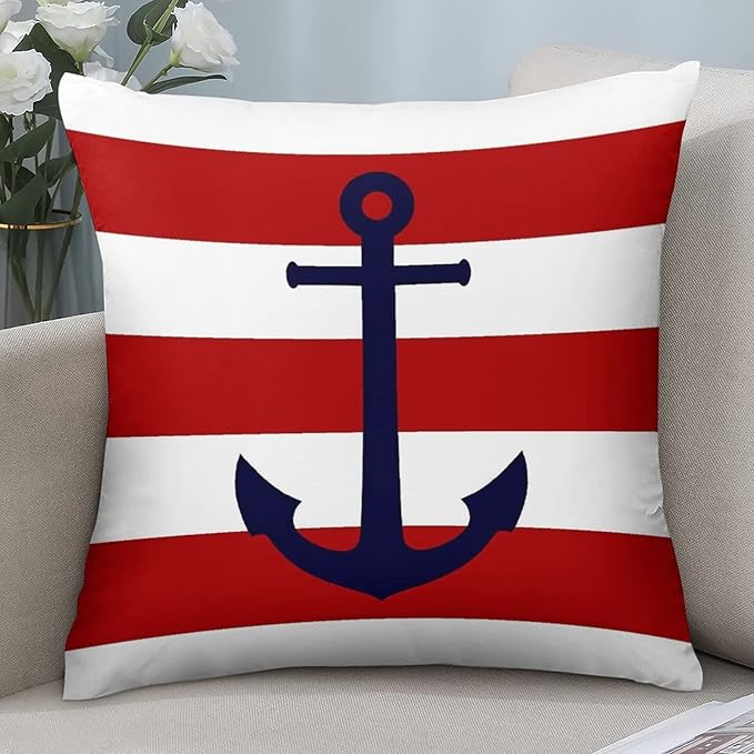 Myshe Square Nautical Navy Blue Anchor On Red Stripes Throw Pillow Cover - Image 7