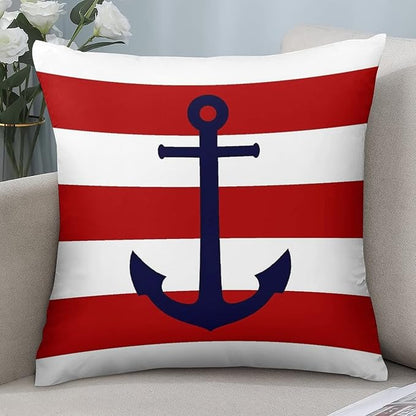 Myshe Square Nautical Navy Blue Anchor On Red Stripes Throw Pillow Cover - Image 7