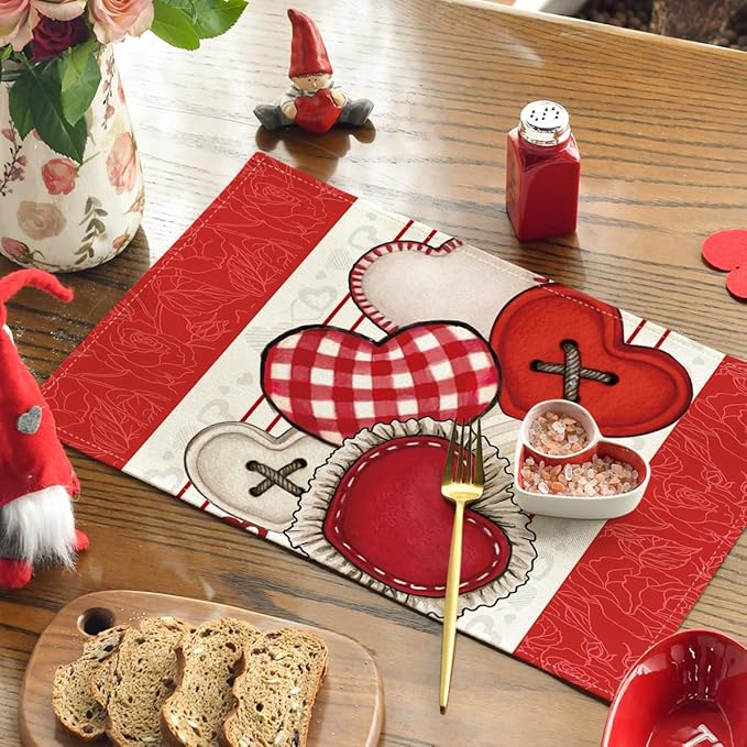 Artoid Mode Red Heart-Shaped Buttons Valentine Placemats Set of 4, 12x18 Inch - Image 2
