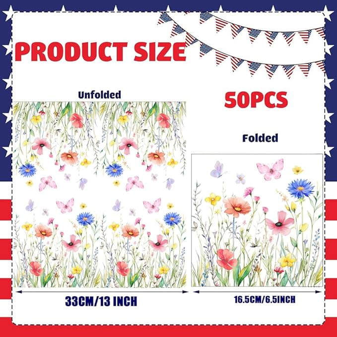 50 Pack Wildflower Floral Cocktail Napkins Disposable Floral Napkins Butterfly - Image 3