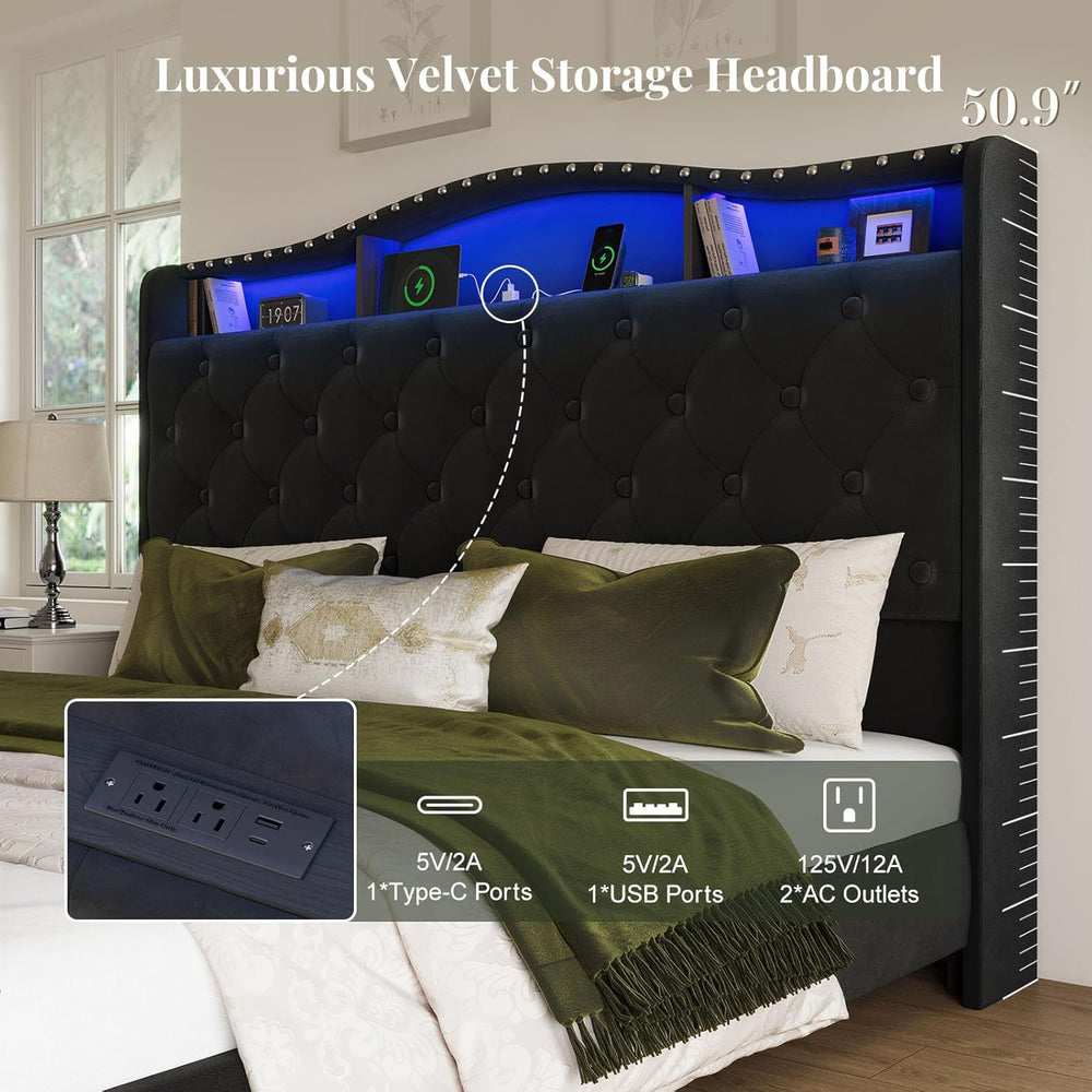 Belffin Platform Bed Frame with 50.9" LED Headboard, Queen Black