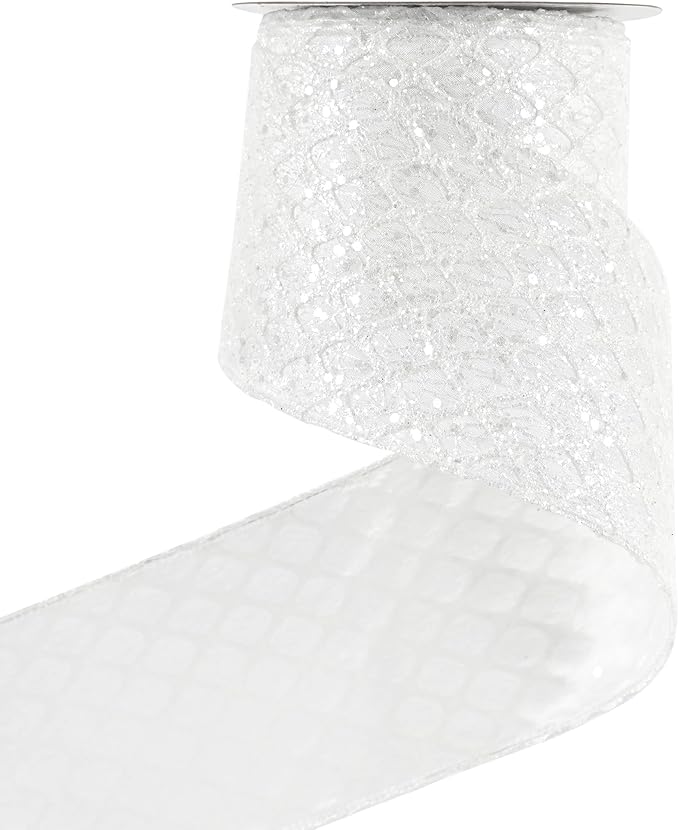 HUIHUANG White Christmas Ribbon 4 inch White Glitter Diamond Mesh Wired Ribbon by HUIHUANG