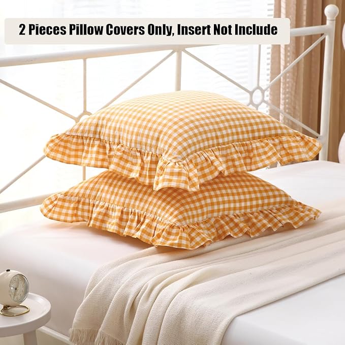 Mustard Yellow Plaid Ruffle Decorative Throw Pillow Covers - Image 3