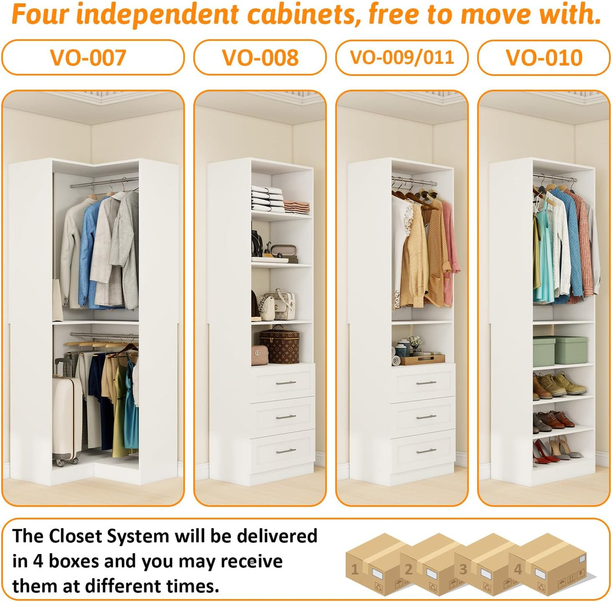 vomavex closet system with 4 sets, 101.9" closet showing dimensions