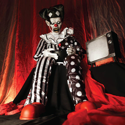 Haunted Hill Farm Hartley The Sitting Scare Clown by Tekky, Motion-Activated Talking Jump-Scare Halloween Animatronic for Halloween Party Prank Decoration, Plug-in or Battery Operated Halloween Props