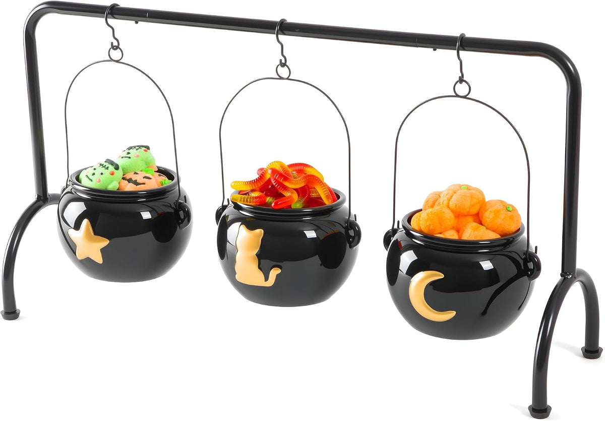 Halloween Decorations 3 Ceramic Witches Cauldron Candy Serving Bowl on Rack, Black Cauldron Snack Bowls Party Decorations, Hocus Pocus Witch Candy Cauldron with Cat, Moon, Star Pattern for Table Decor