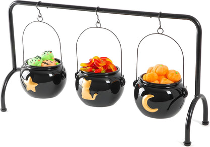 Halloween Decorations 3 Ceramic Witches Cauldron Candy Serving Bowl on Rack, Black Cauldron Snack Bowls Party Decorations, Hocus Pocus Witch Candy Cauldron with Cat, Moon, Star Pattern for Table Decor