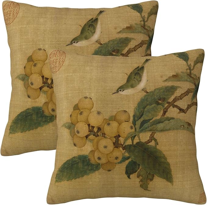 Vintage Rustic Chinoiserie Floral Bird Throw Pillow Covers 18x18 Inch Set of 2 by Unknown